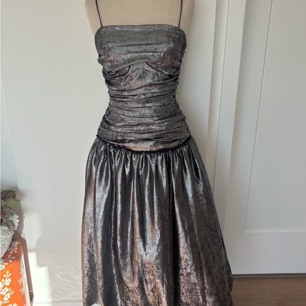 Shimmering Charcoal Midi Dress with Ruched Bodice and Spaghetti Straps